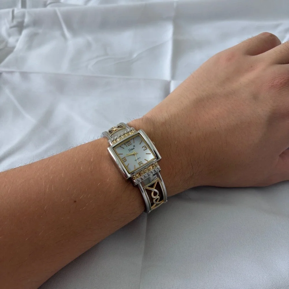 Vivani Two Tone Silver Gold Cuff Watch Mother of Pearl Dial Filigree Bracelet